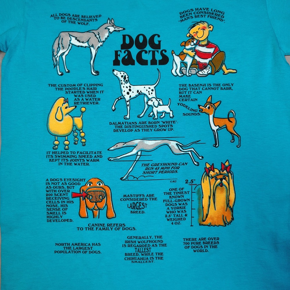 VINTAGE Anvil Dog Facts Graphic T-Shirt Youth Large Turquoise Blue Cotton - Picture 8 of 12